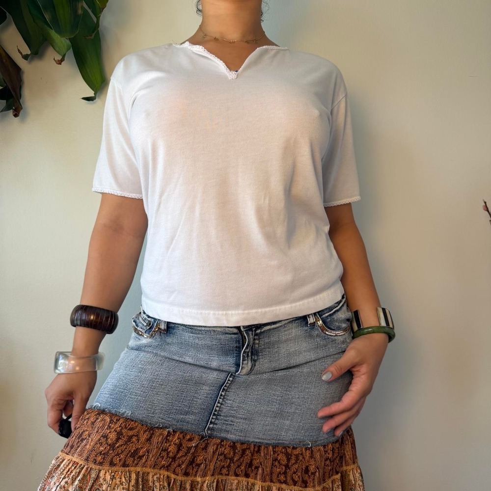 Styles To Go White Cotton Blouse Beaded Crochet Neckline Whimsy Tee XL